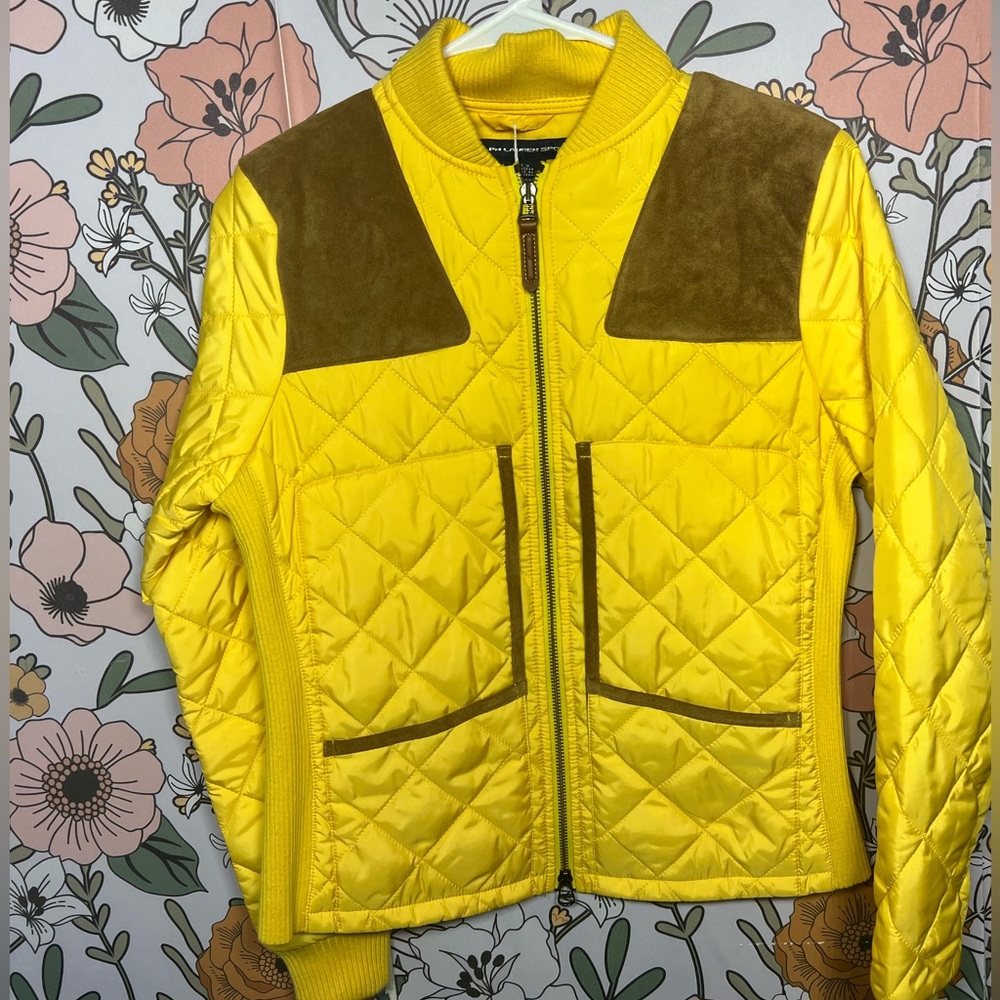 Ralph Lauren Bright Yellow Quilted Puffer with Brown Suede Accents